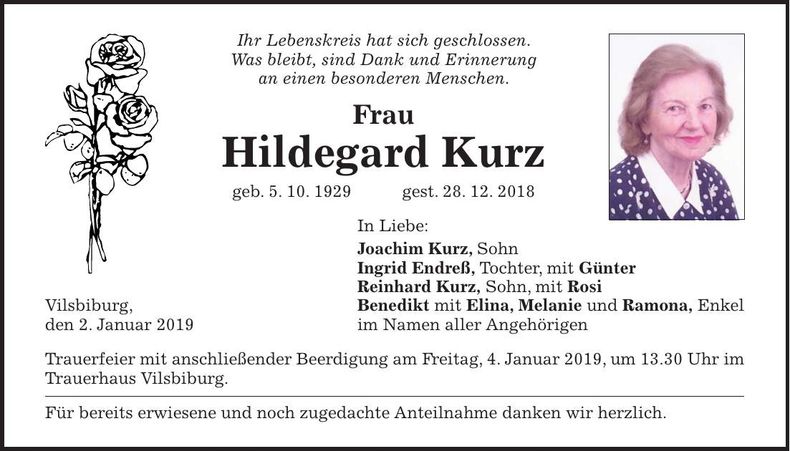 Traueranzeige Hildegard Kurz