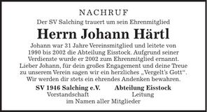 Traueranzeige Johann Härtl