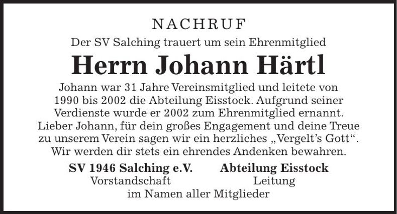 Traueranzeige Johann Härtl