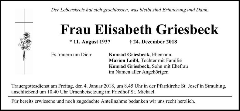Traueranzeige Elisabeth Griesbeck