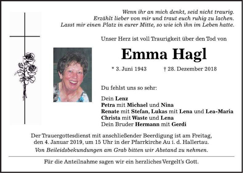 Traueranzeige Emma Hagl