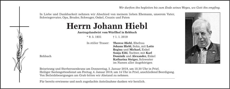 Traueranzeige Johann Hiebl
