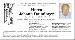 Traueranzeige Johann Daiminger