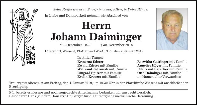 Traueranzeige Johann Daiminger