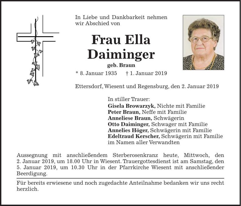 Traueranzeige Ella Daiminger