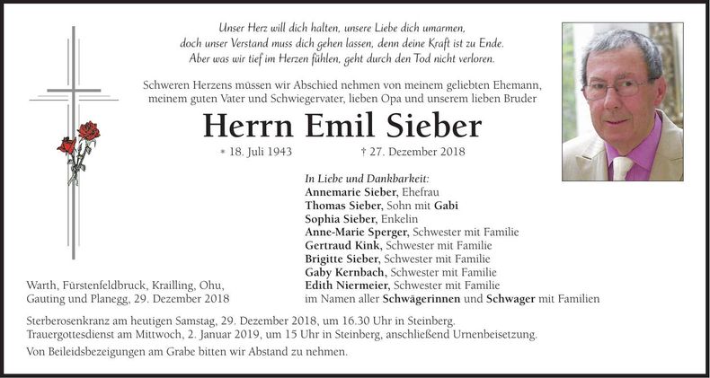 Traueranzeige Emil Sieber