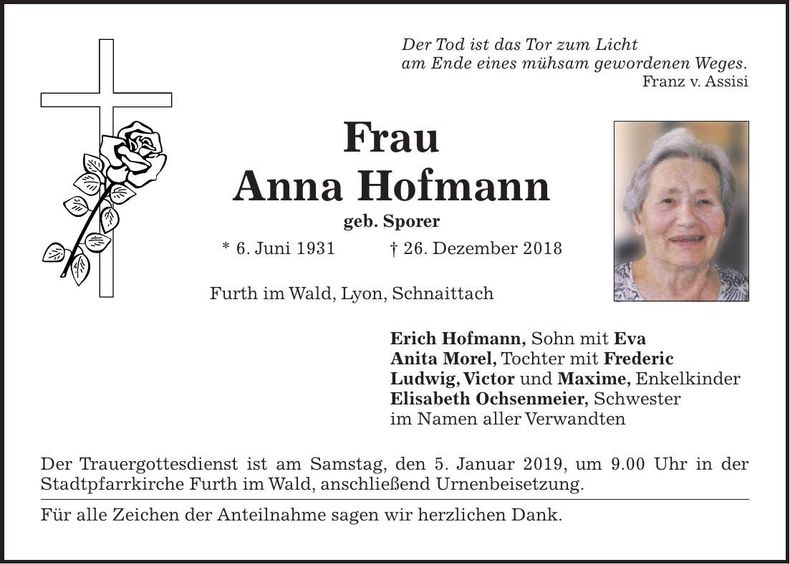 Traueranzeige Anna Hofmann