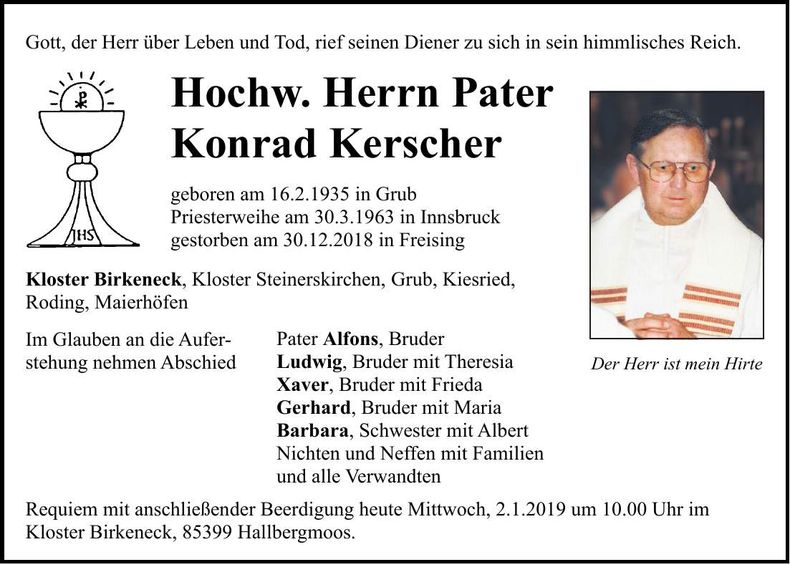 Traueranzeige Hochw. Herr Konrad Kerscher