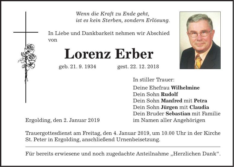 Traueranzeige Lorenz Erber