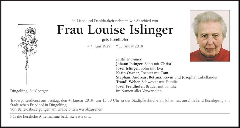 Traueranzeige Louise Islinger