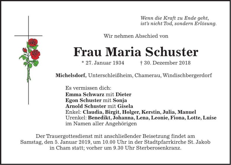 Traueranzeige Maria Schuster