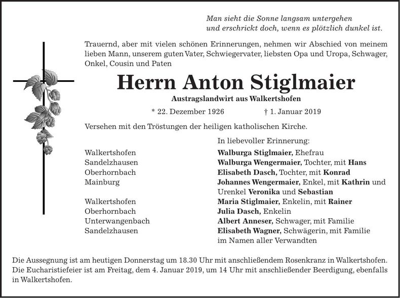 Traueranzeige Anton Stiglmaier
