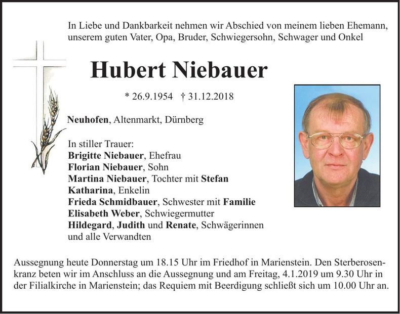 Traueranzeige Hubert Niebauer