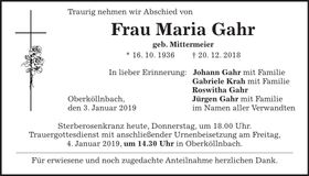 Traueranzeige Maria Gahr