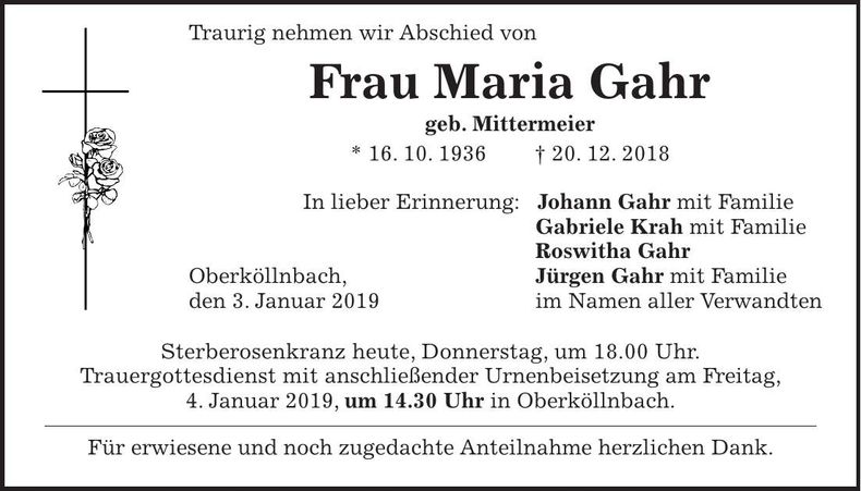 Traueranzeige Maria Gahr
