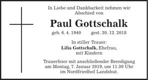 Traueranzeige Paul Gottschalk