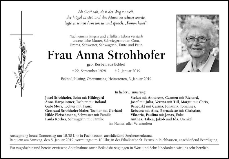 Traueranzeige Anna Strohhofer