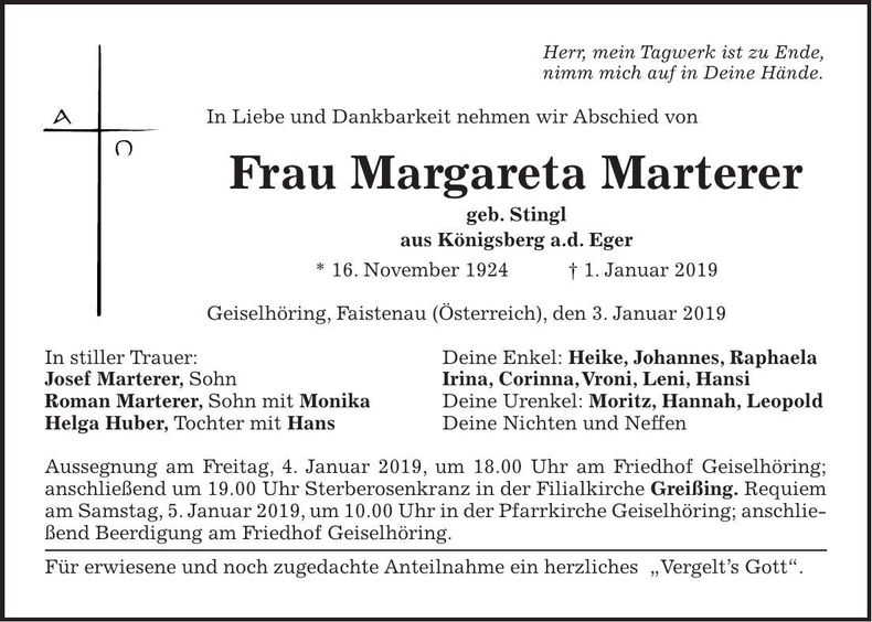 Traueranzeige Margareta Marterer