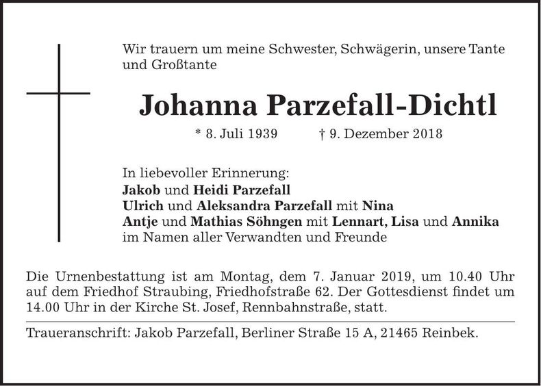 Traueranzeige Johanna Parzefall-Dichtl