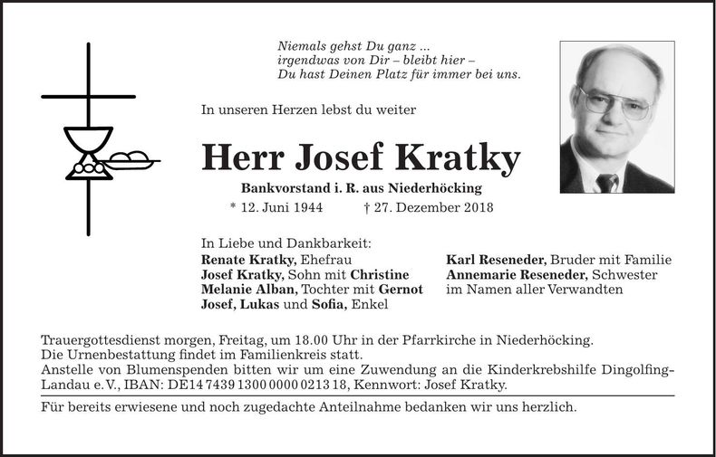 Traueranzeige Josef Kratky