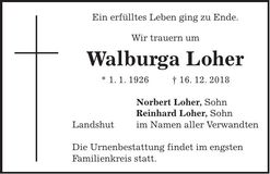 Traueranzeige Walburga Loher
