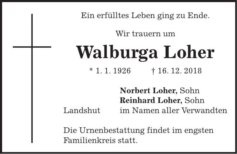 Traueranzeige Walburga Loher