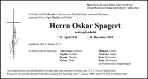 Traueranzeige Oskar Spagert