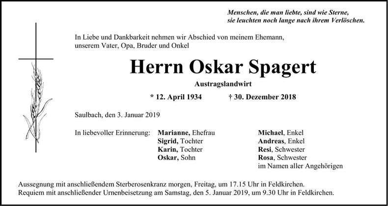 Traueranzeige Oskar Spagert