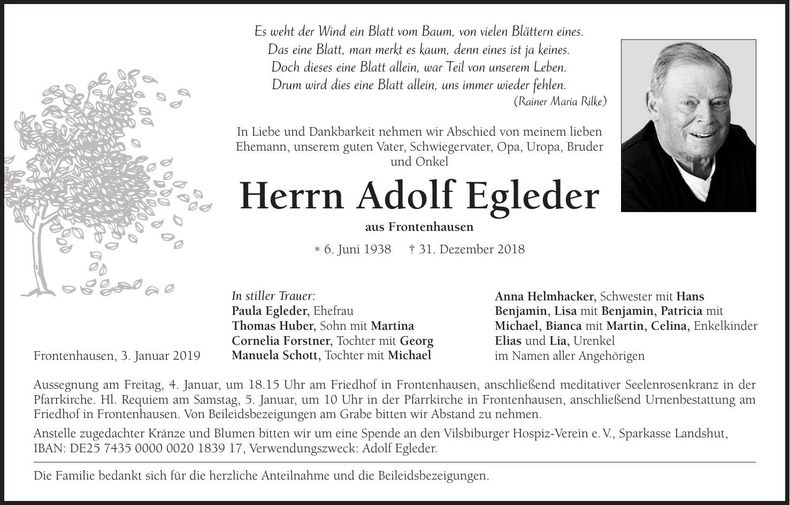 Traueranzeige Adolf Egleder