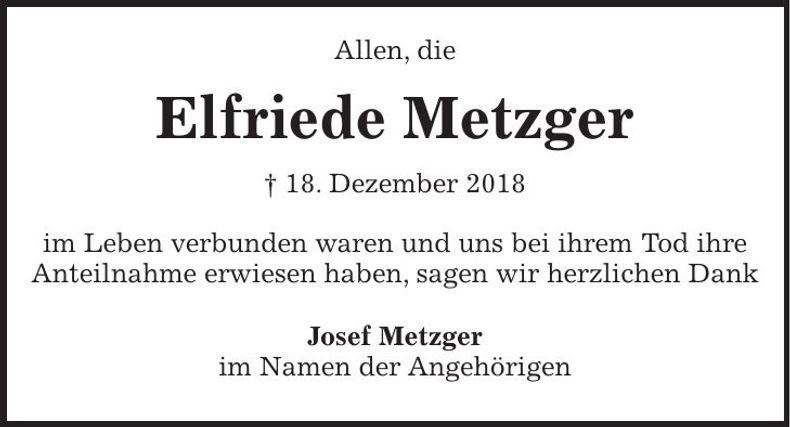 Traueranzeige Elfriede Metzger