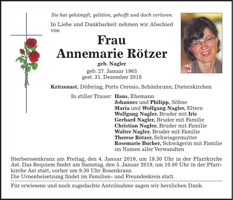 Traueranzeige Annemarie Rötzer