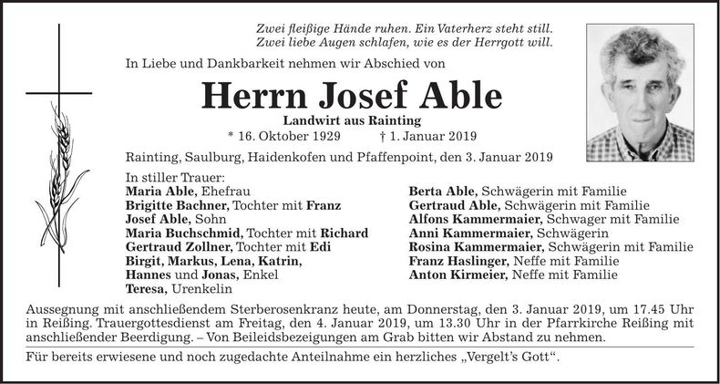 Traueranzeige Josef Able