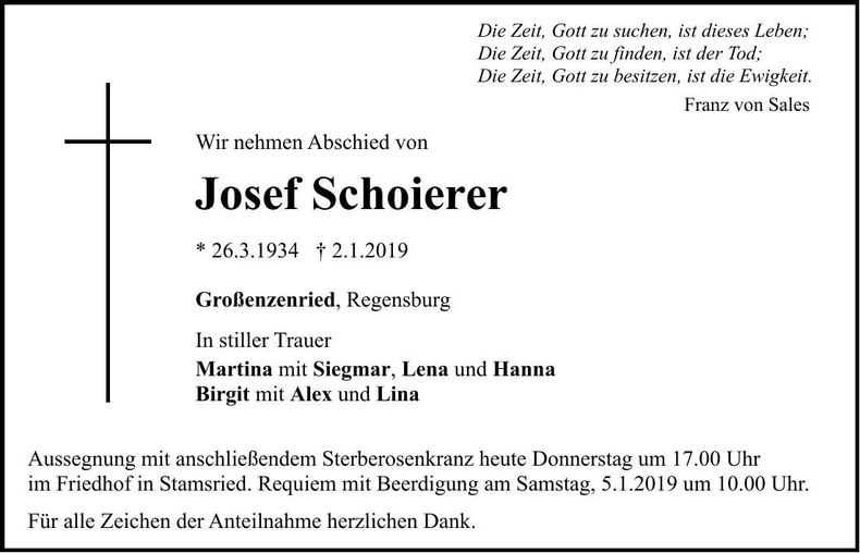 Traueranzeige Josef Schoierer