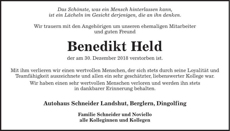 Traueranzeige Benedikt Held