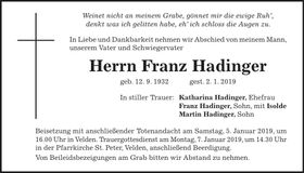 Traueranzeige Franz Hadinger