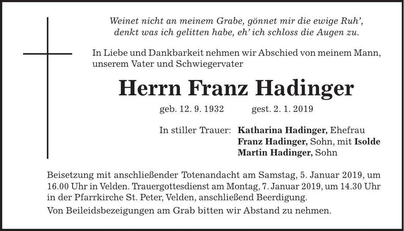 Traueranzeige Franz Hadinger