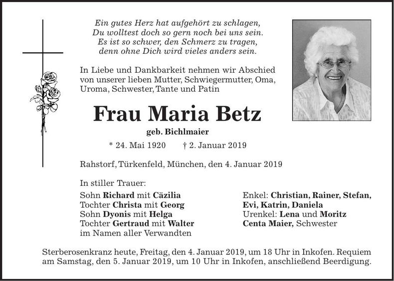 Traueranzeige Maria Betz