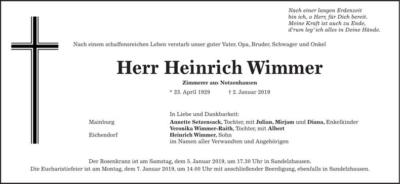 Traueranzeige Heinrich Wimmer
