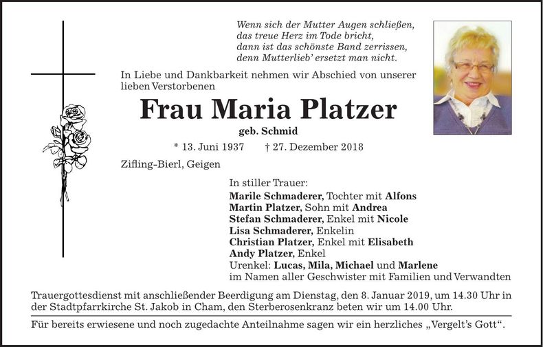 Traueranzeige Maria Platzer