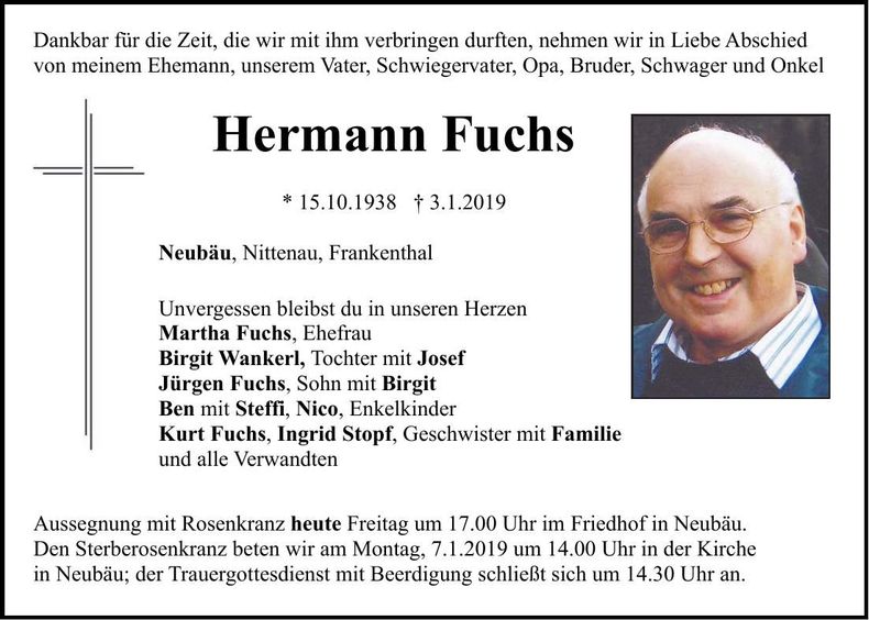 Traueranzeige Hermann Fuchs