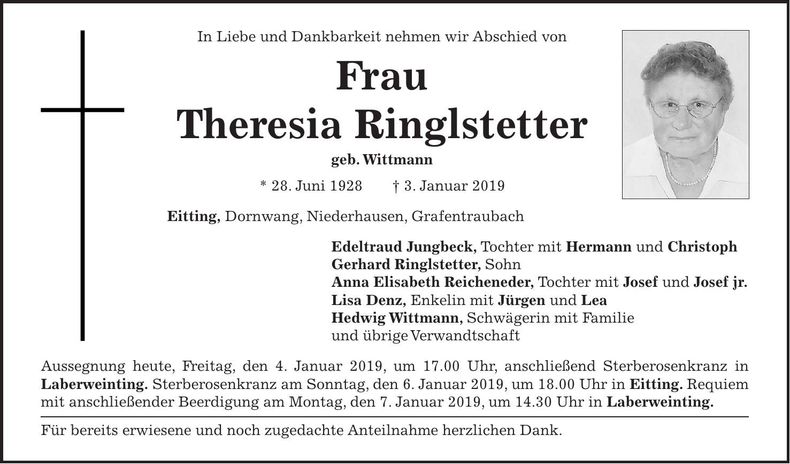 Traueranzeige Theresia Ringlstetter