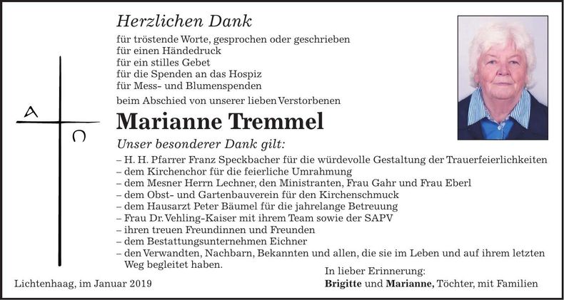 Traueranzeige Marianne Tremmel