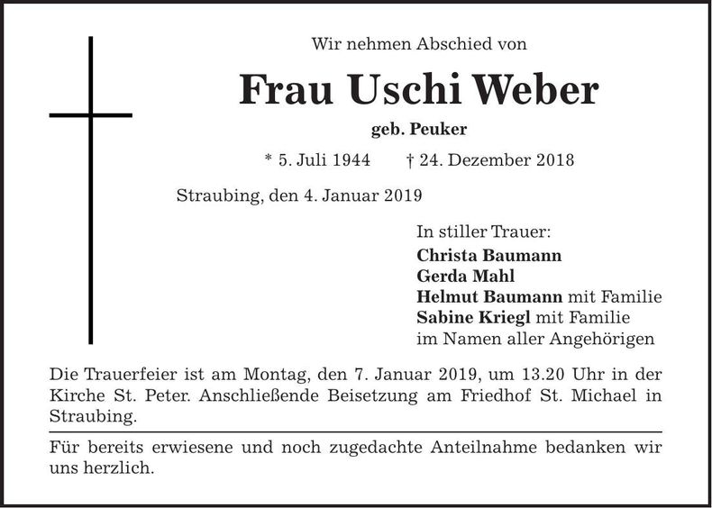 Traueranzeige Ursula Weber