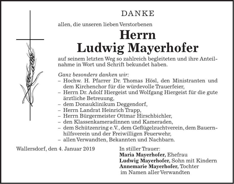 Traueranzeige Ludwig Mayerhofer