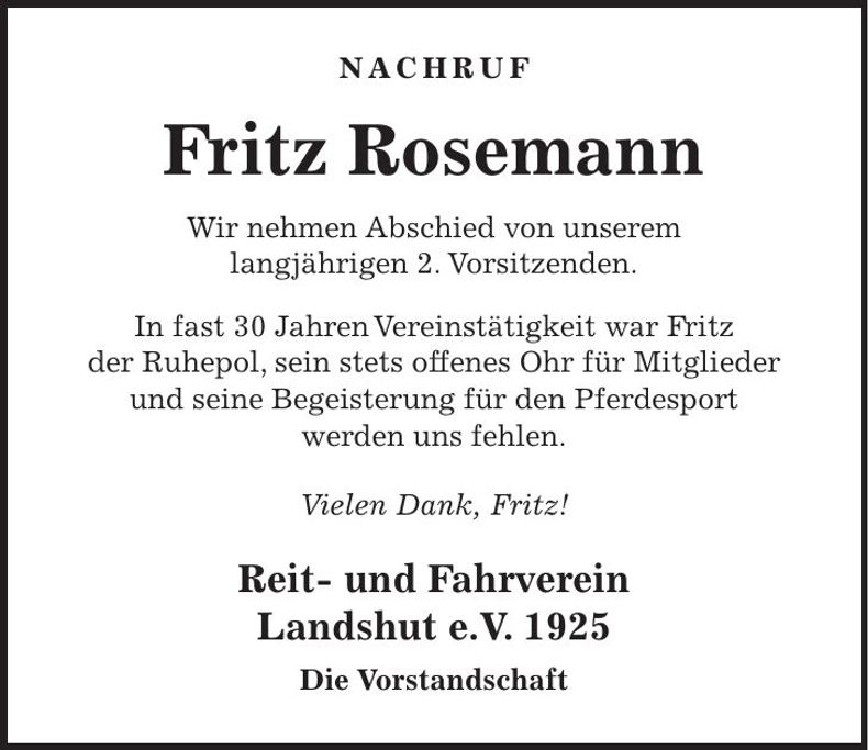 Traueranzeige Fritz Rosemann