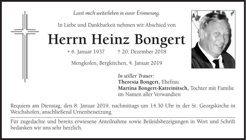 Traueranzeige Heinz Bongert