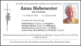 Traueranzeige Anna Hohenester