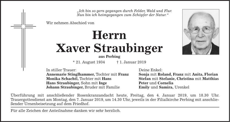 Traueranzeige Xaver Straubinger