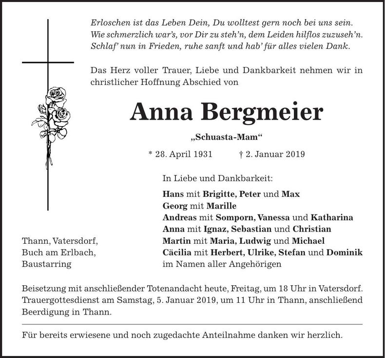 Traueranzeige Anna Bergmeier