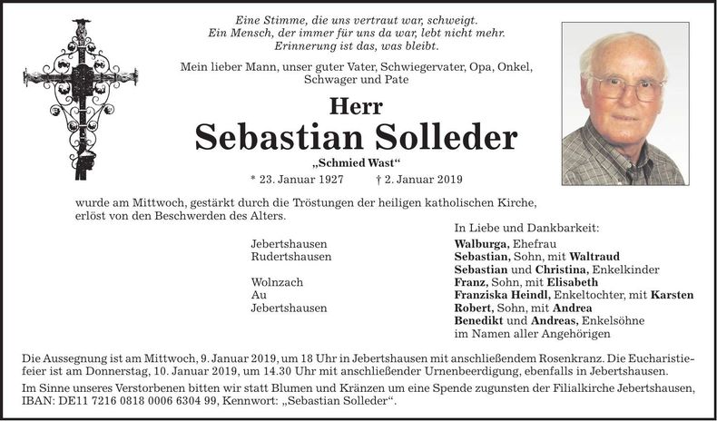 Traueranzeige Sebastian Solleder
